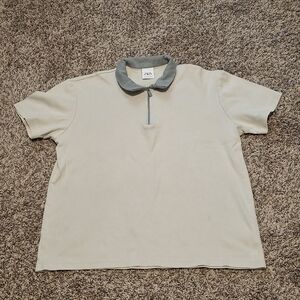 Zara Men's Beige Polo Shirt with Gray Collar